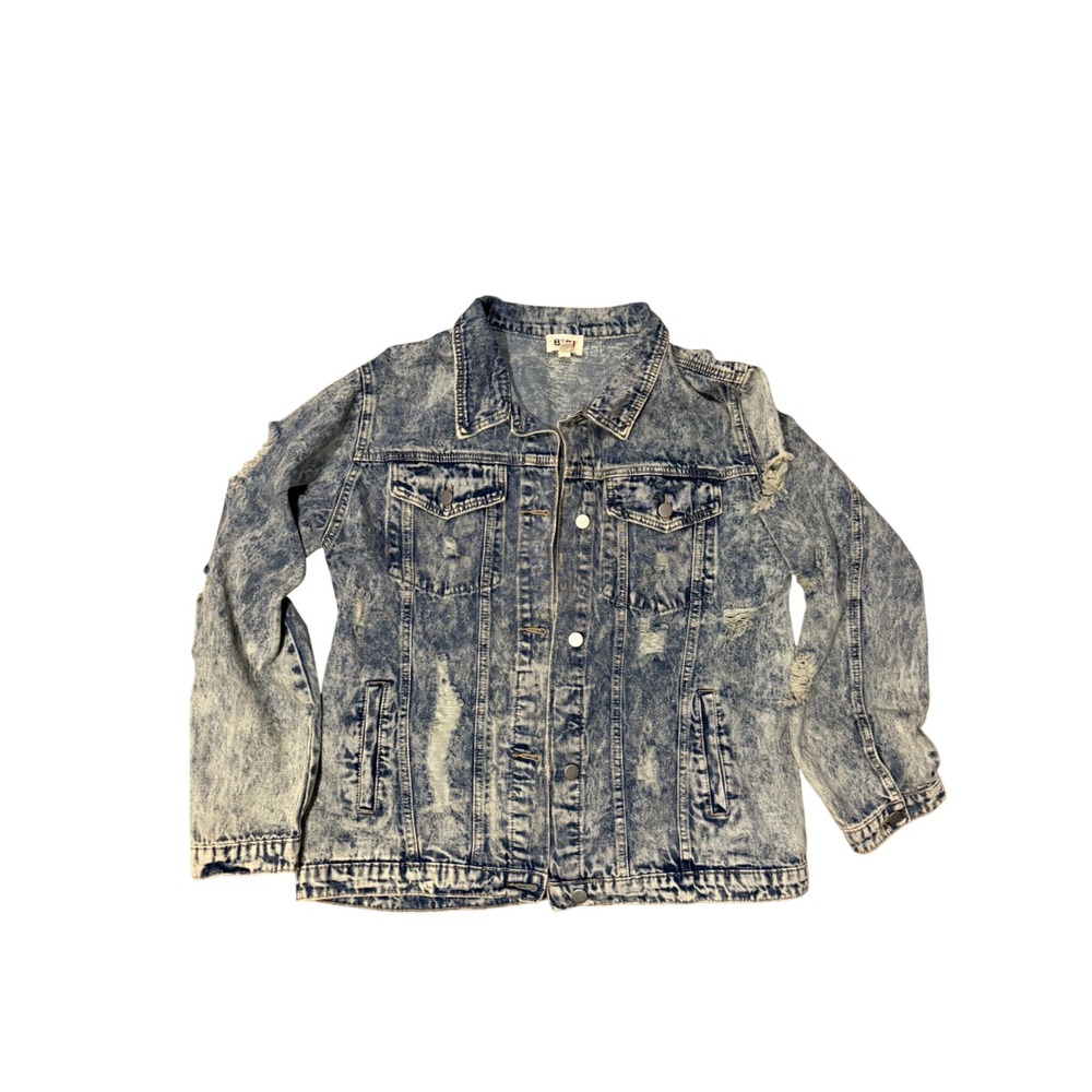 BiBi Acid Wash Distressed Denim Jacket XL Jean‎ Coat Grunge Oversized